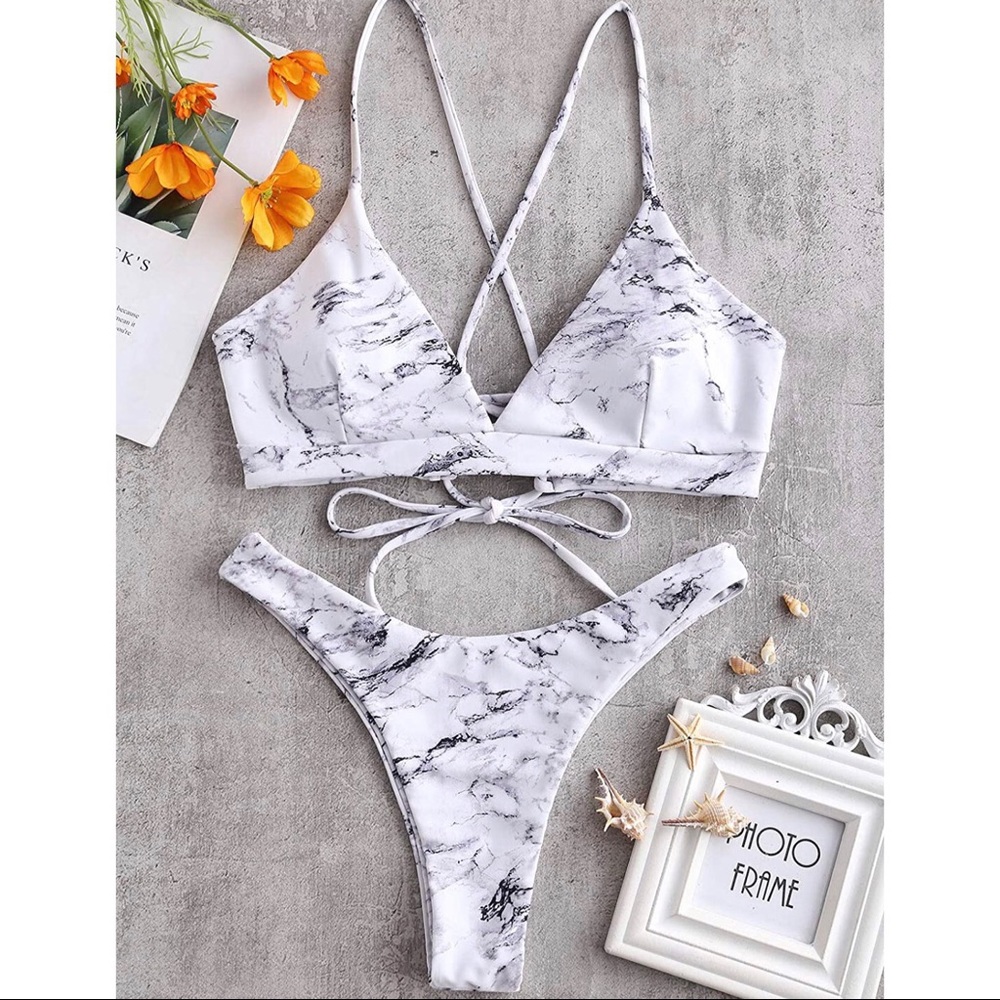 Women Lace up Braided Strap Bikini L marble white